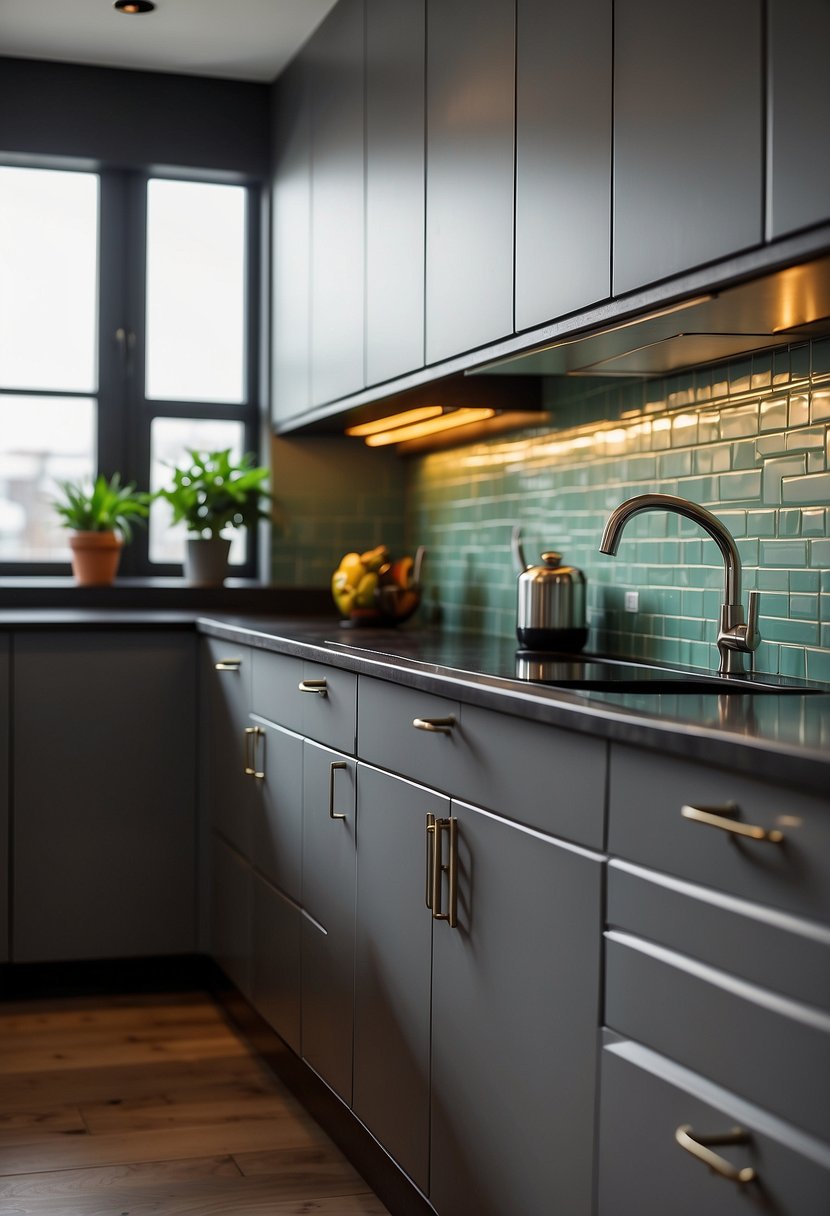 Gray cabinets stand out against vibrant, bold tile backsplash in a modern kitchen