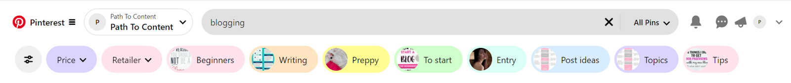 Screenshot of Pinterest search bar