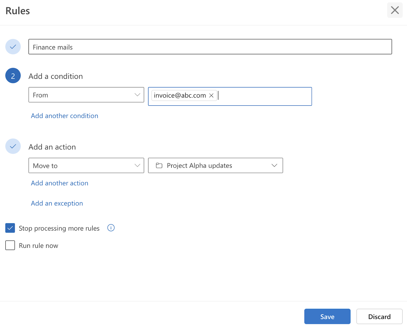 Defining conditions to create rules in Outlook