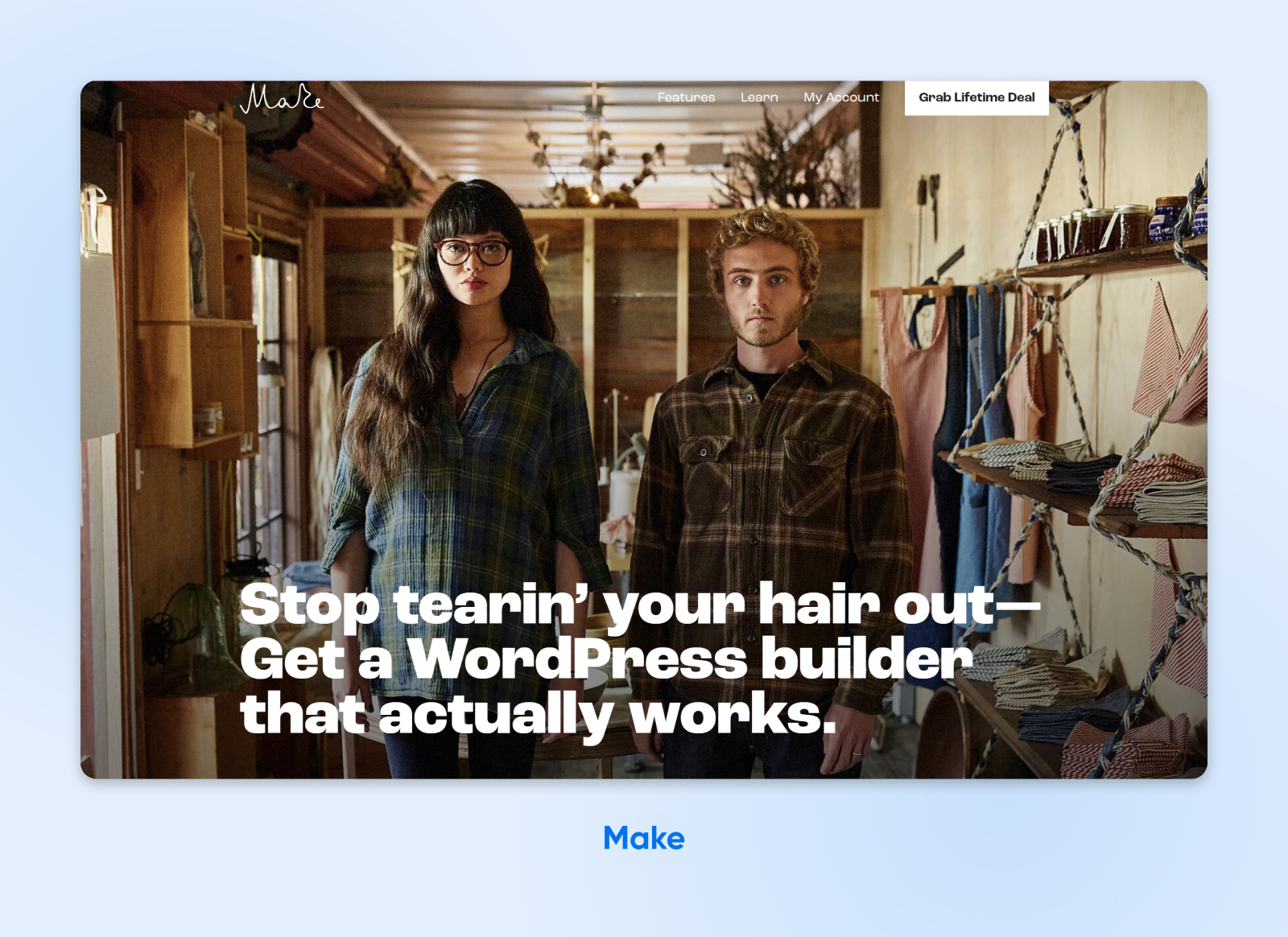 El tema WooCommerce de Make con su eslogan superpuesto a una fotografía y un menú superior con botones que incluyen Mi cuenta, etc.
