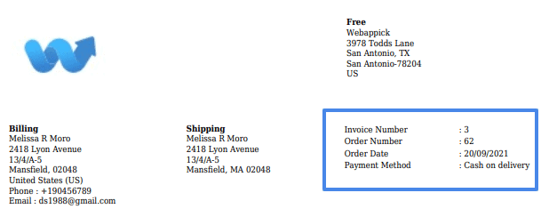 order data in packing slip