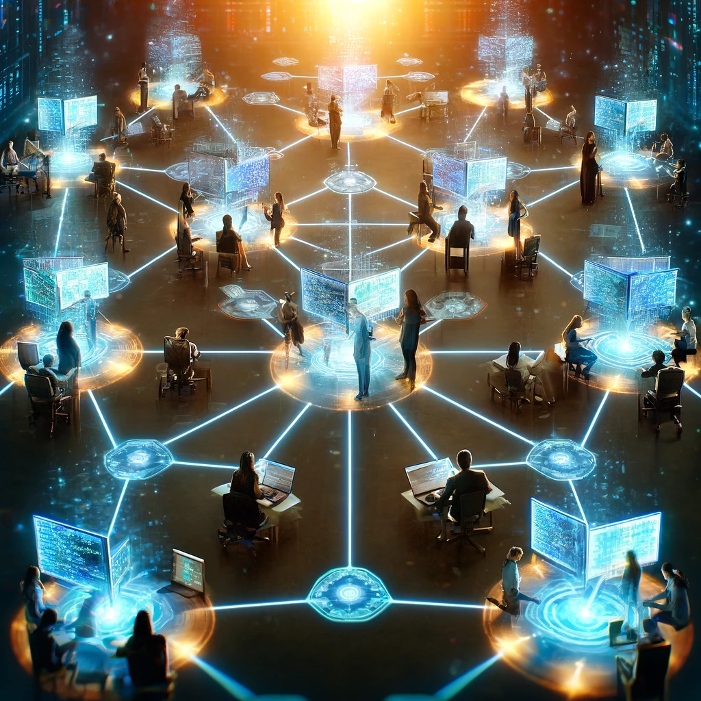 Mathematical and Cryptographic Principles in Blockchain: an image that symbolically represents blockchain technology through the interaction of humans and their computers, forming a human blockchain