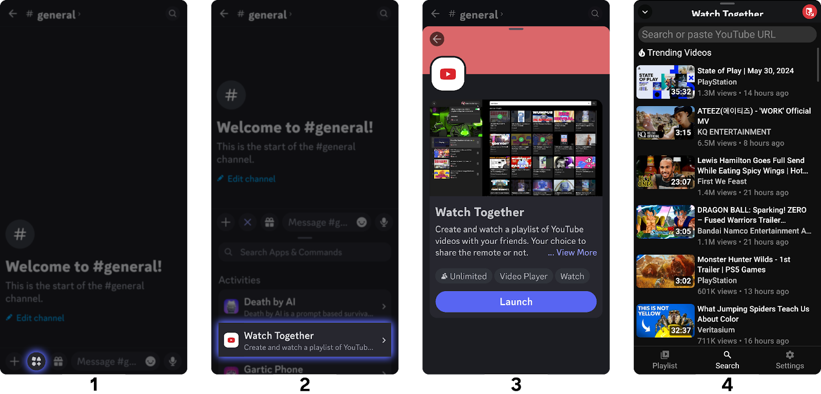Steps of starting a Watch Together (YouTube) Activity on Discord mobile
