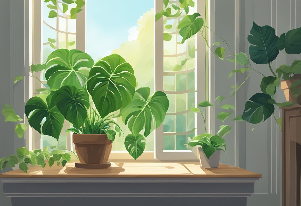 A lush, green philodendron plant with heart-shaped leaves sits in a bright, sunlit room next to a window, its vines cascading down a wooden trellis