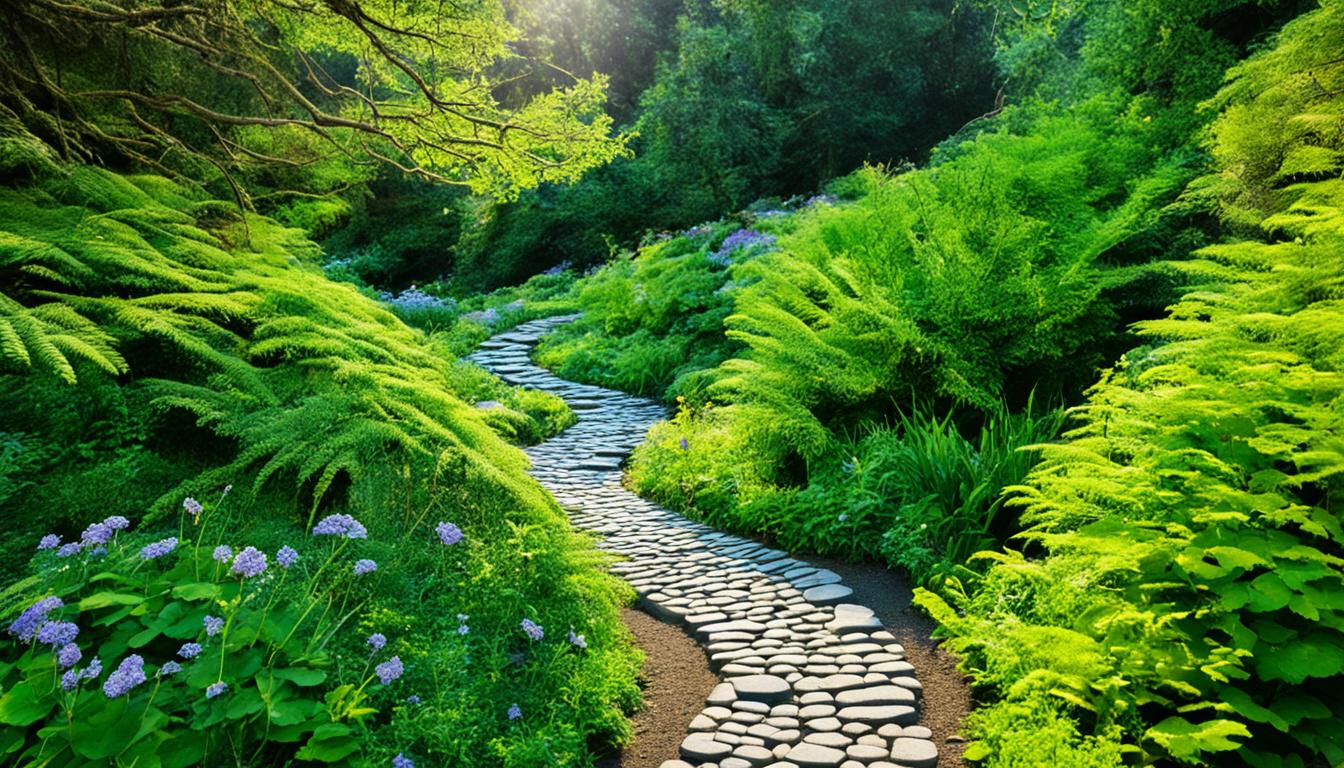 A winding path leading towards a bright light, with stepping stones of different sizes and shapes. Some stones are smooth, while others are rough and jagged. The path is surrounded by lush green trees and bushes, with small flowers and plants growing in between the cracks of the stones. In the distance, a figure can be seen walking towards the light, with purpose and determination in their steps.