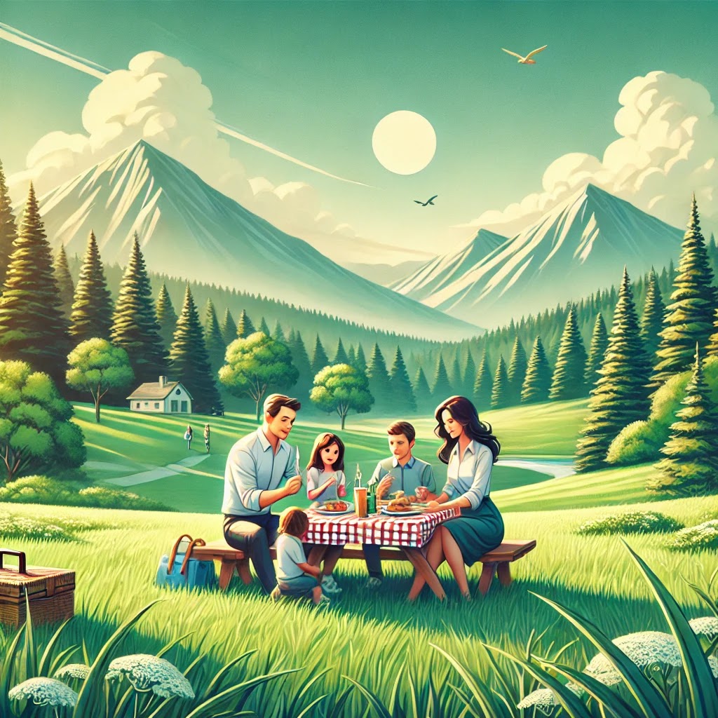 depicting a family enjoying a picnic in a serene outdoor setting in Fort Collins, Colorado. This visual complements the theme of family and insurance, emphasizing safety and bonding.