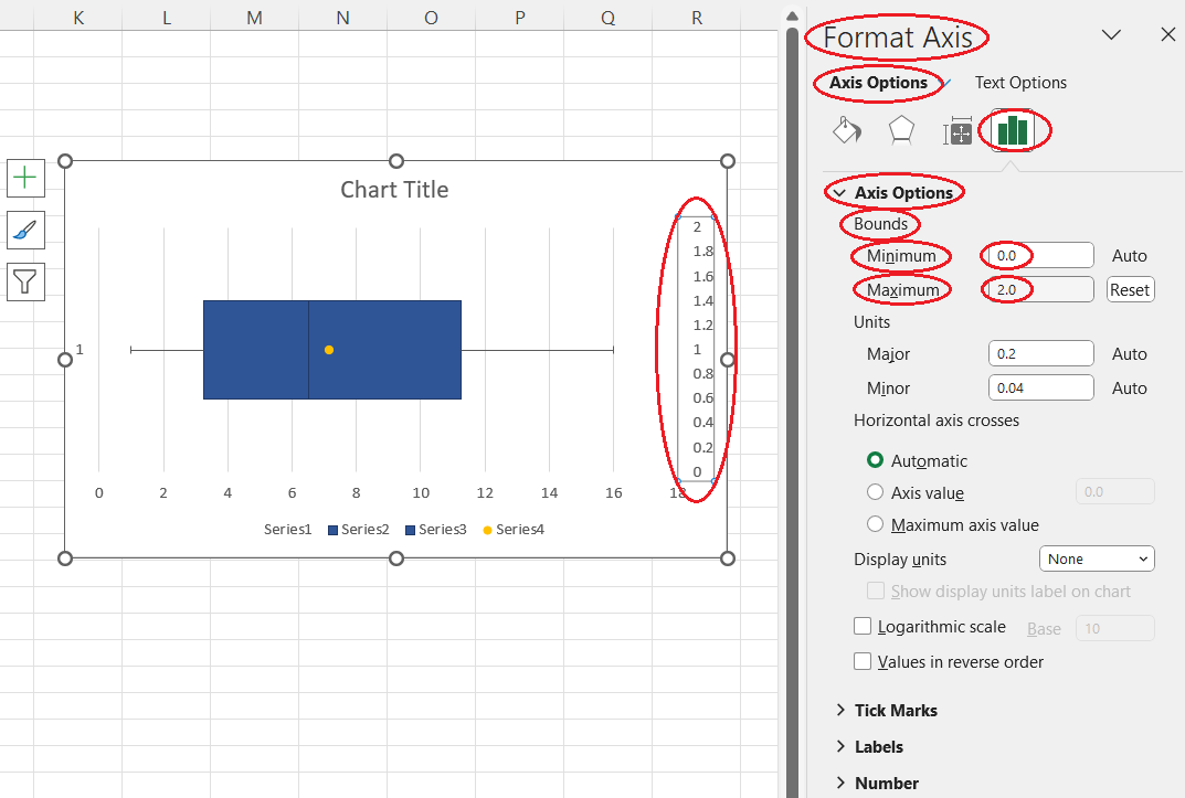 Customizing the secondary axis for a horizontal box and whisker plot in Excel