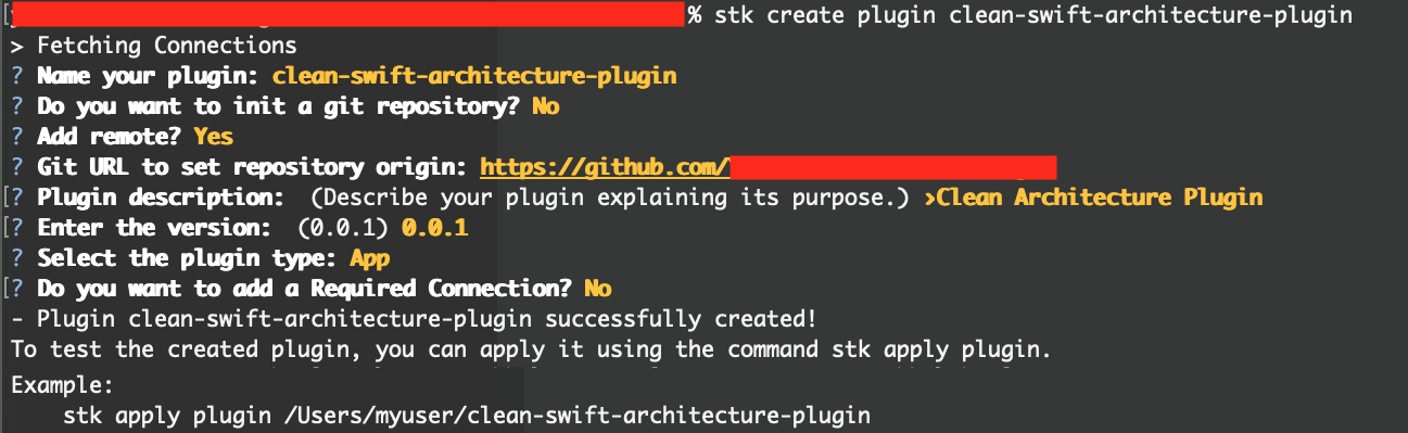 Terminal mostrando os inputs solicitados pela CLI da StackSpot ao criar um novo plugin