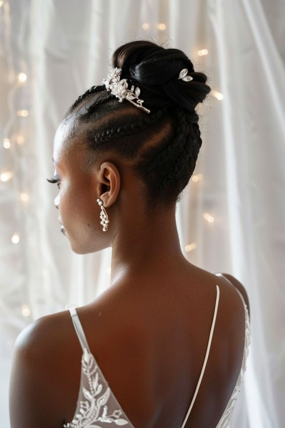 Back view of a lady wearing her hair in a gorgeous in a braided updo
