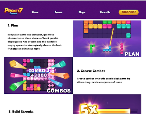 Blockolot gameplay instructions, including planning ahead, creating combos, and building streaks. 