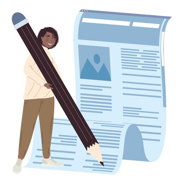 Illustration of a woman holding a giant pencil writing good headlines and a blog