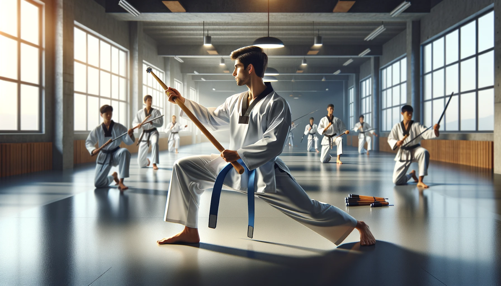 The scene features a Taekwondo practitioner in a dobok practicing with a bo staff in a dojo, with other students practicing with various weapons in the background. The atmosphere is focused and disciplined, highlighting the benefits of enhanced skills, improved discipline, and increased confidence.