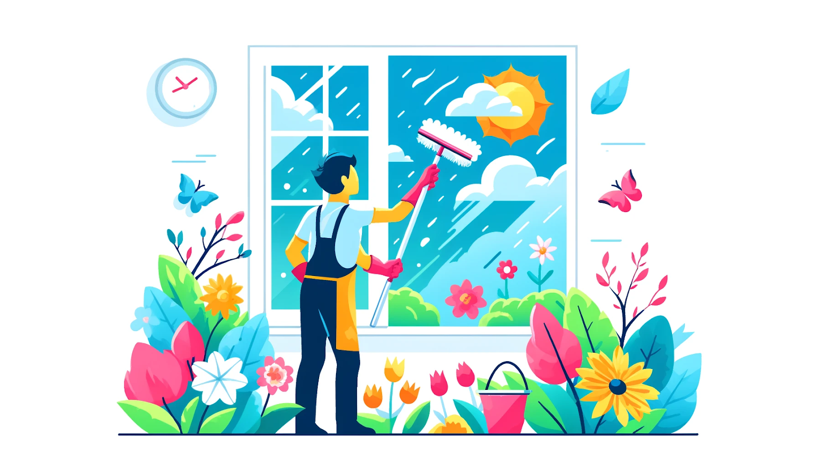 Illustration of window cleaning in spring. The image shows a person cleaning windows with blooming flowers and mild weather in the background. The color scheme is bright and vibrant to represent the freshness of spring.