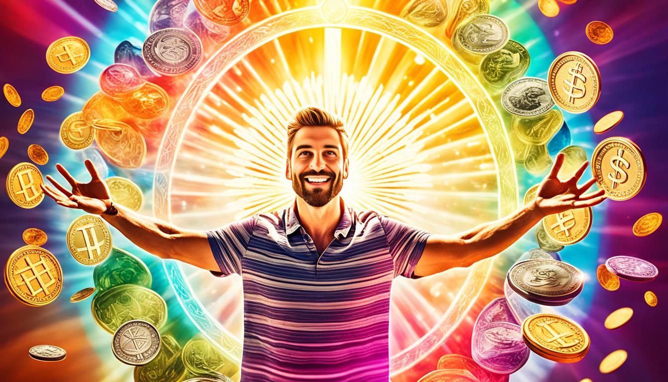 An image of a person standing in the center of a circle made up of various symbols representing abundance, such as money, gold coins, and diamonds. The person is surrounded by a vibrant aura of energy, with rays of light shining outwards towards the symbols. The background is a gradient of warm colors, representing the warmth of abundance and success.