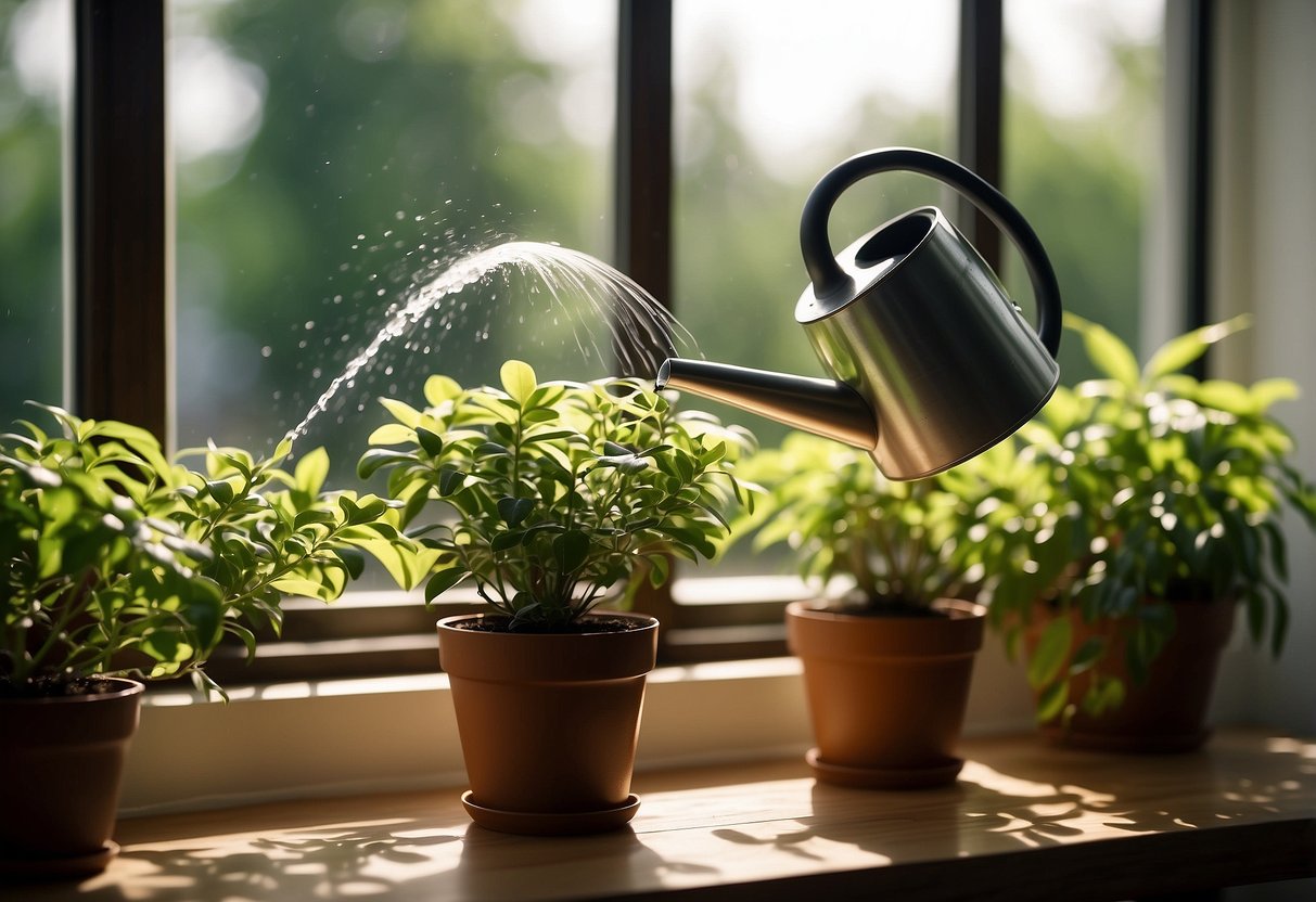 A watering can pours water onto a potted houseplant. The plant sits on a saucer to catch excess water. Sunlight streams through a nearby window