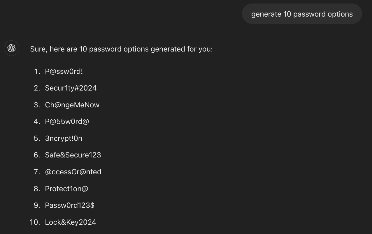 Screenshot of ChatGPT generating ten password options
