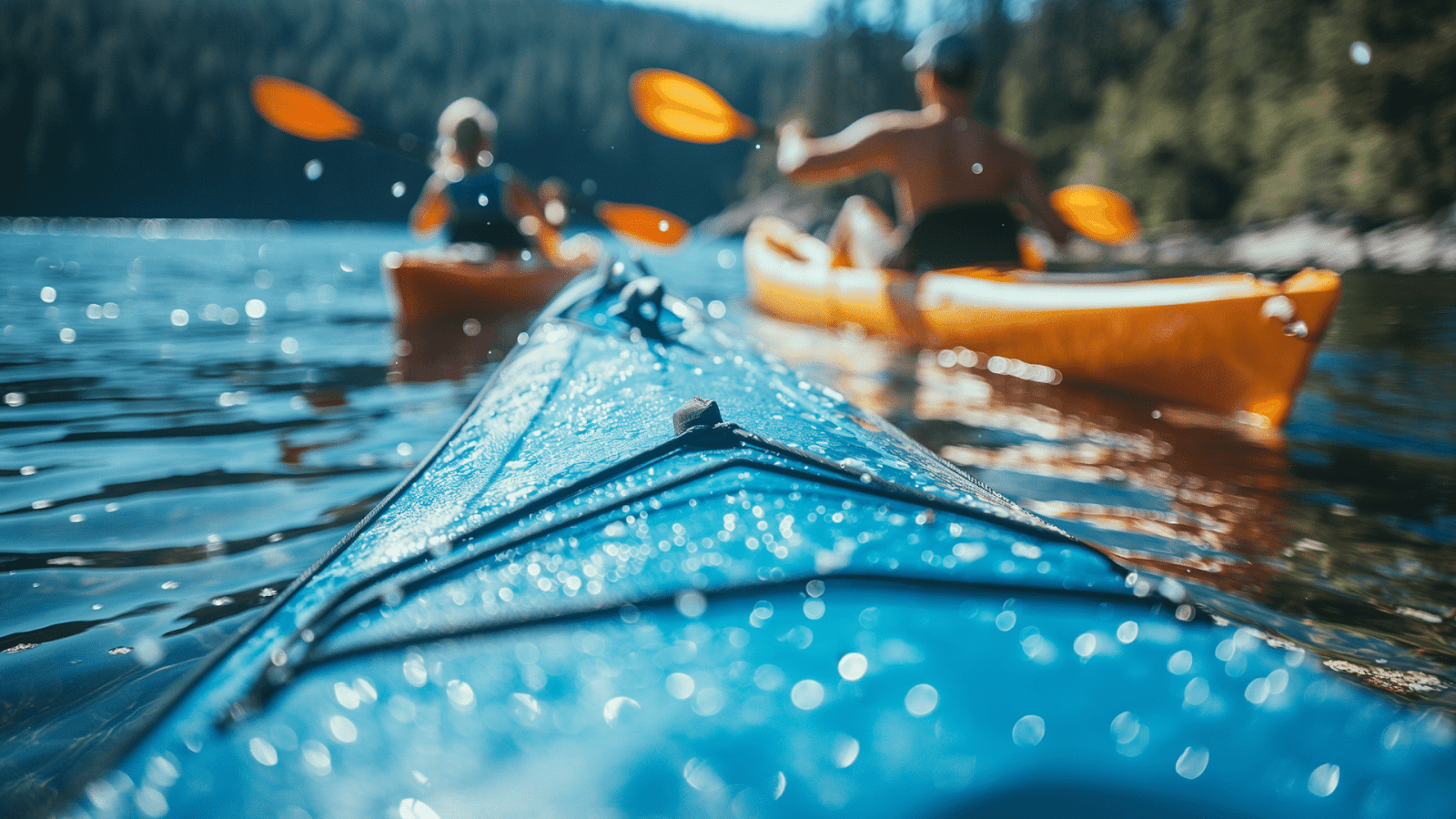 Kayakers exploring a serene lake close to their outdoor adventure cottage rental