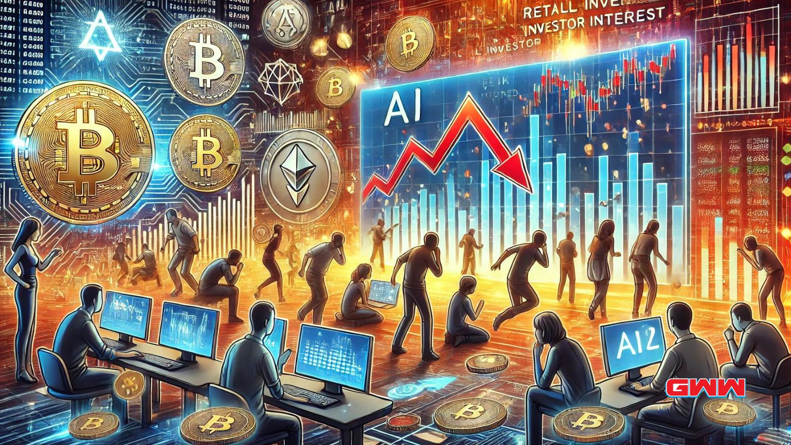 A dynamic scene illustrating the slide of AI-related crypto coins amid peak retail investor interest