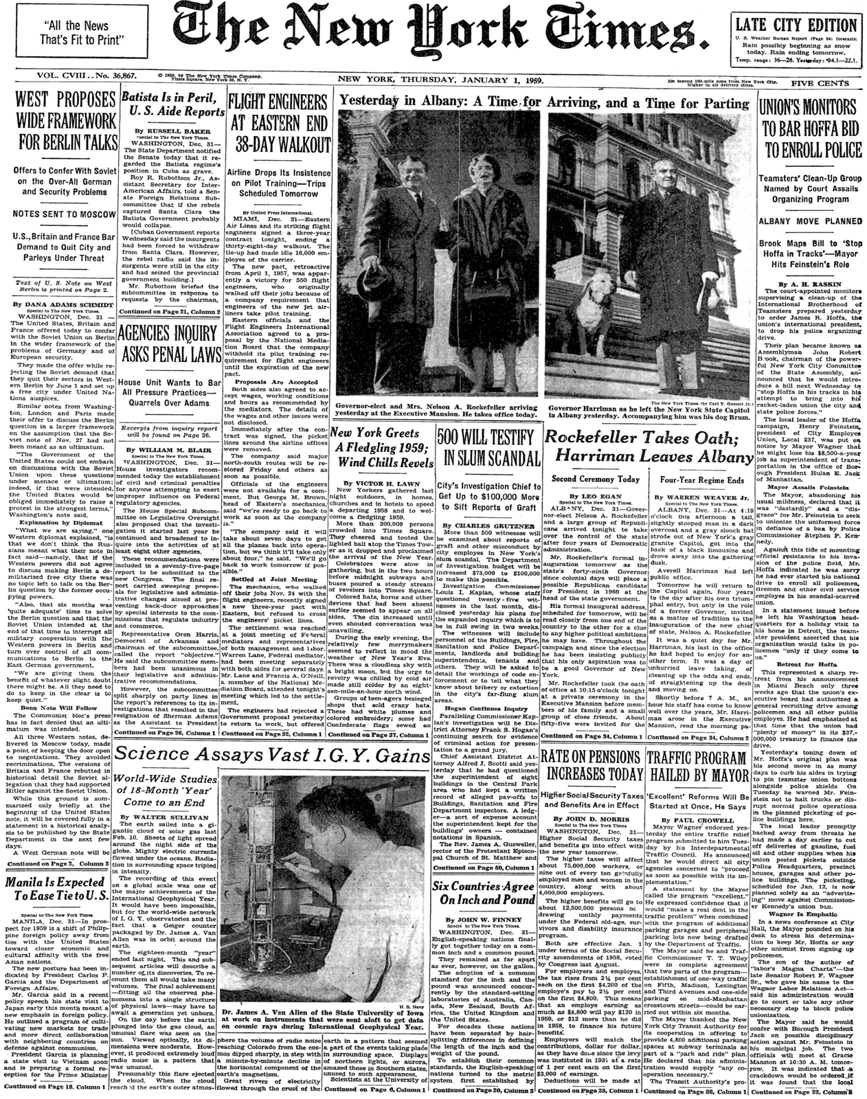 Thursday, January 1, 1959 – The New York Times Front Page