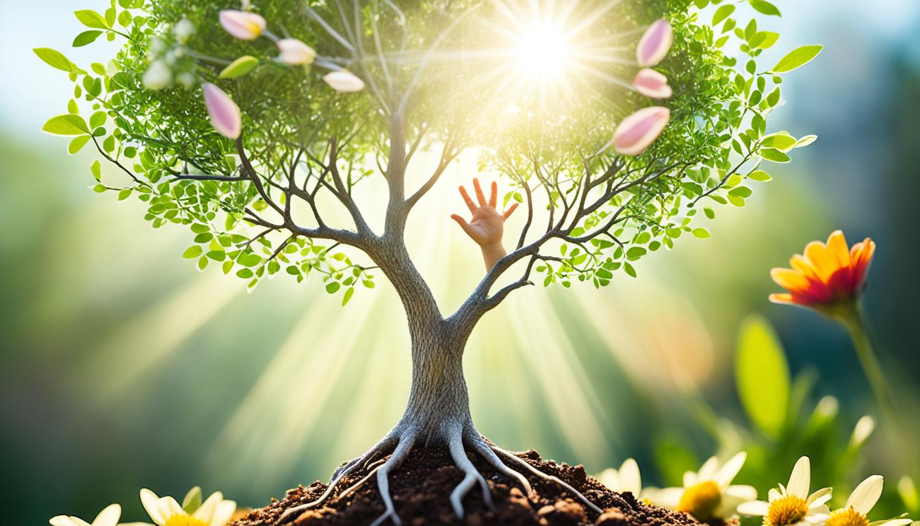 A tree growing from a small seed, surrounded by sunlight and blooming flowers, representing the idea of growth and positivity in manifesting small goals. A person's hand reaching out towards the tree, symbolizing taking action towards achieving their desires.