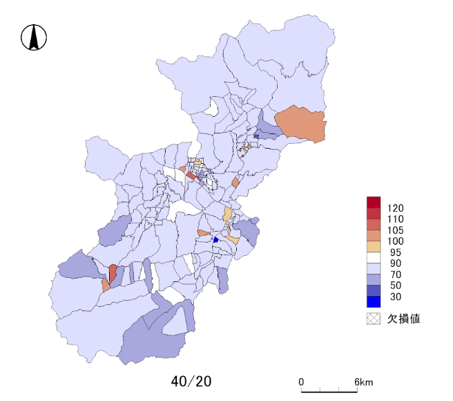 長野県上田市における204０年推計人口と2020年人口の比較（町丁目別）