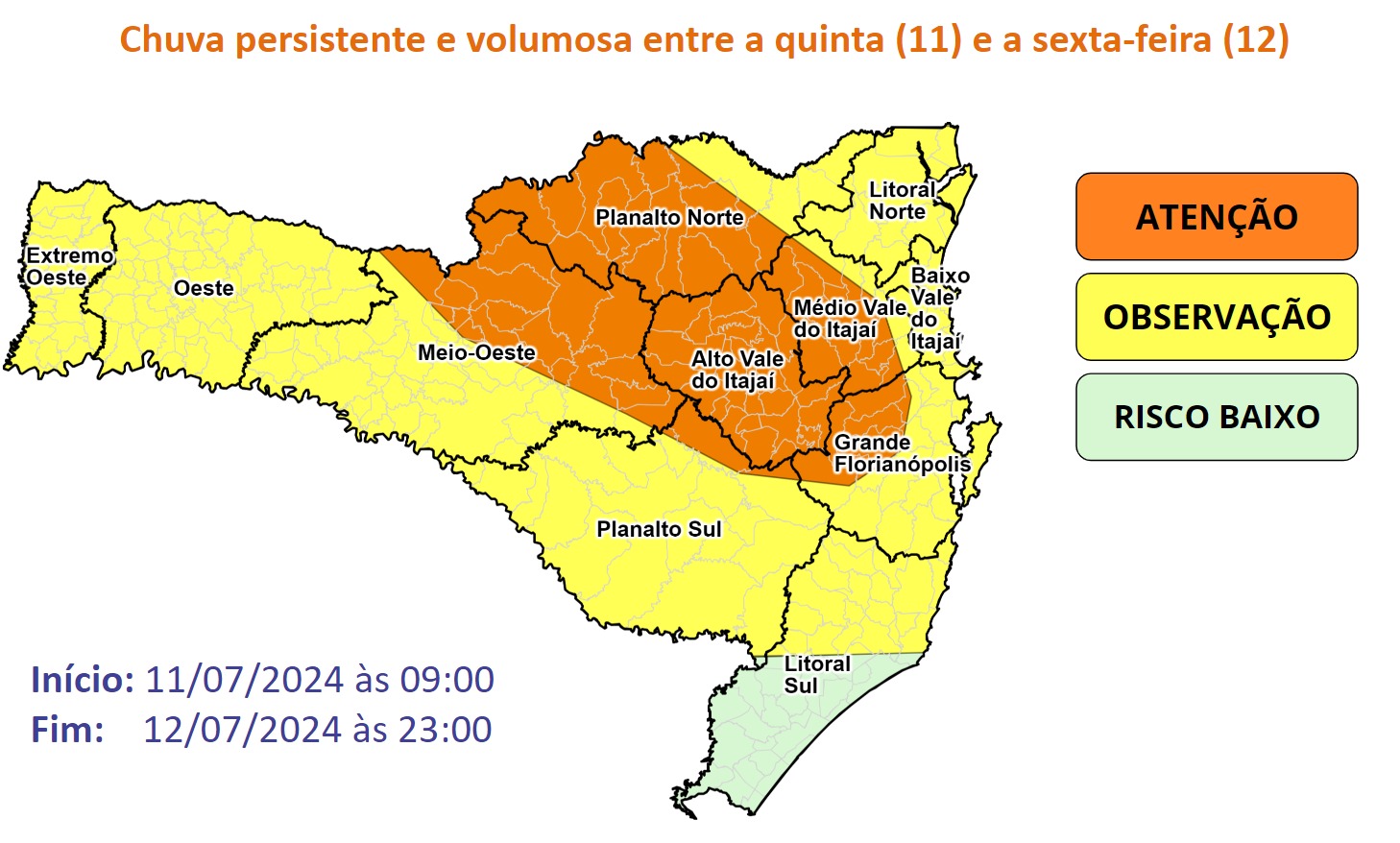 Monitoramento da Defesa Civil aponta chuva volumosa e risco de alagamento no Alto Vale do Itajaí 