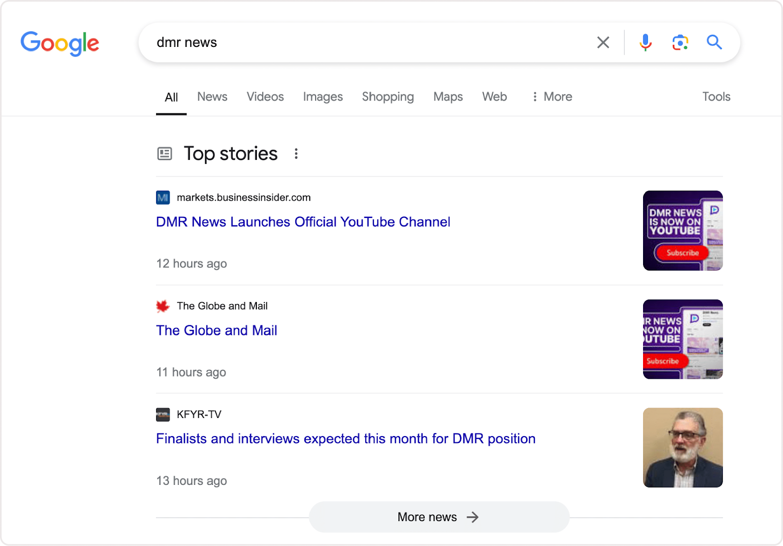 Screenshot of Google search results for 'DMR News.'