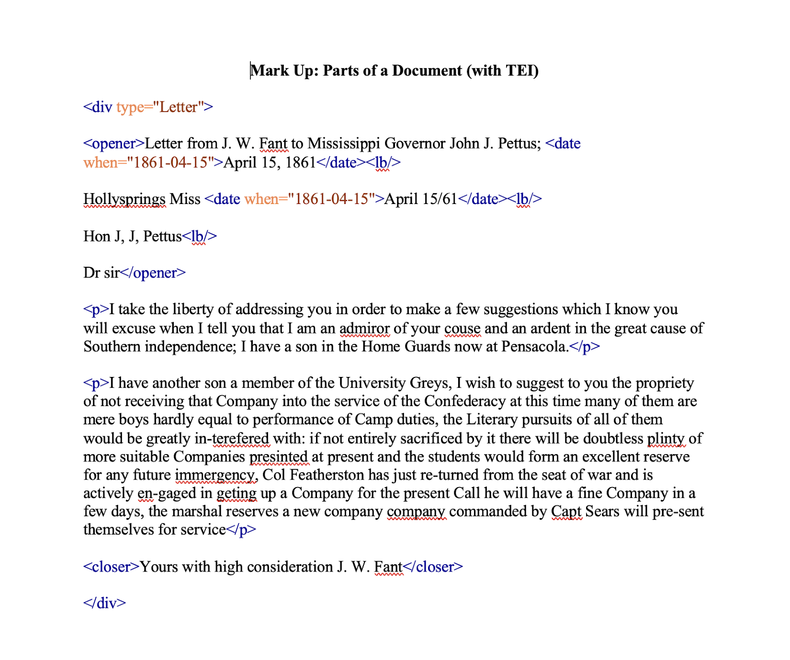 Figure 7: Screen capture of the Fant letter with the opener and closer, dates, and paragraphs marked up with basic TEI