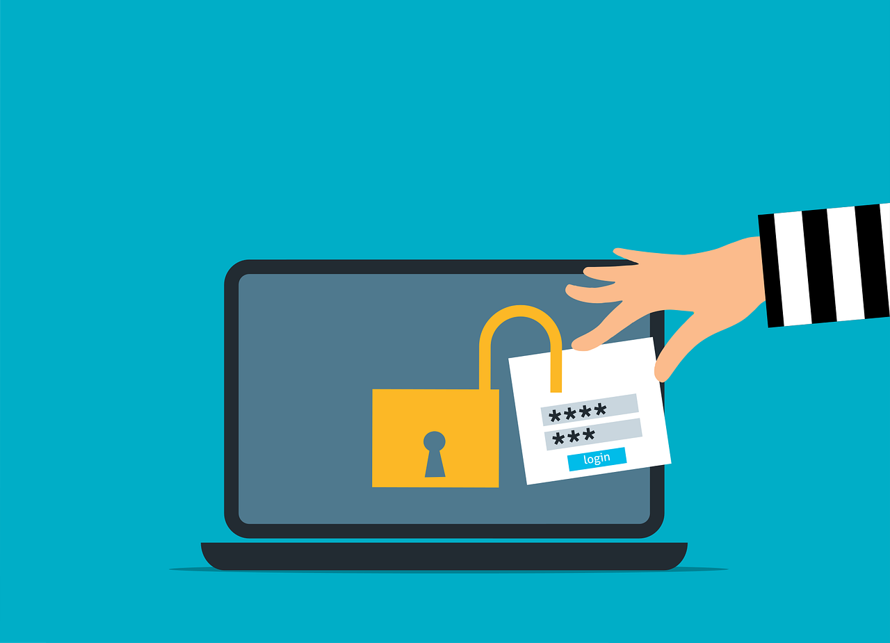 A digital illustration shows a laptop with an open padlock and a hand reaching for a password card on the screen.