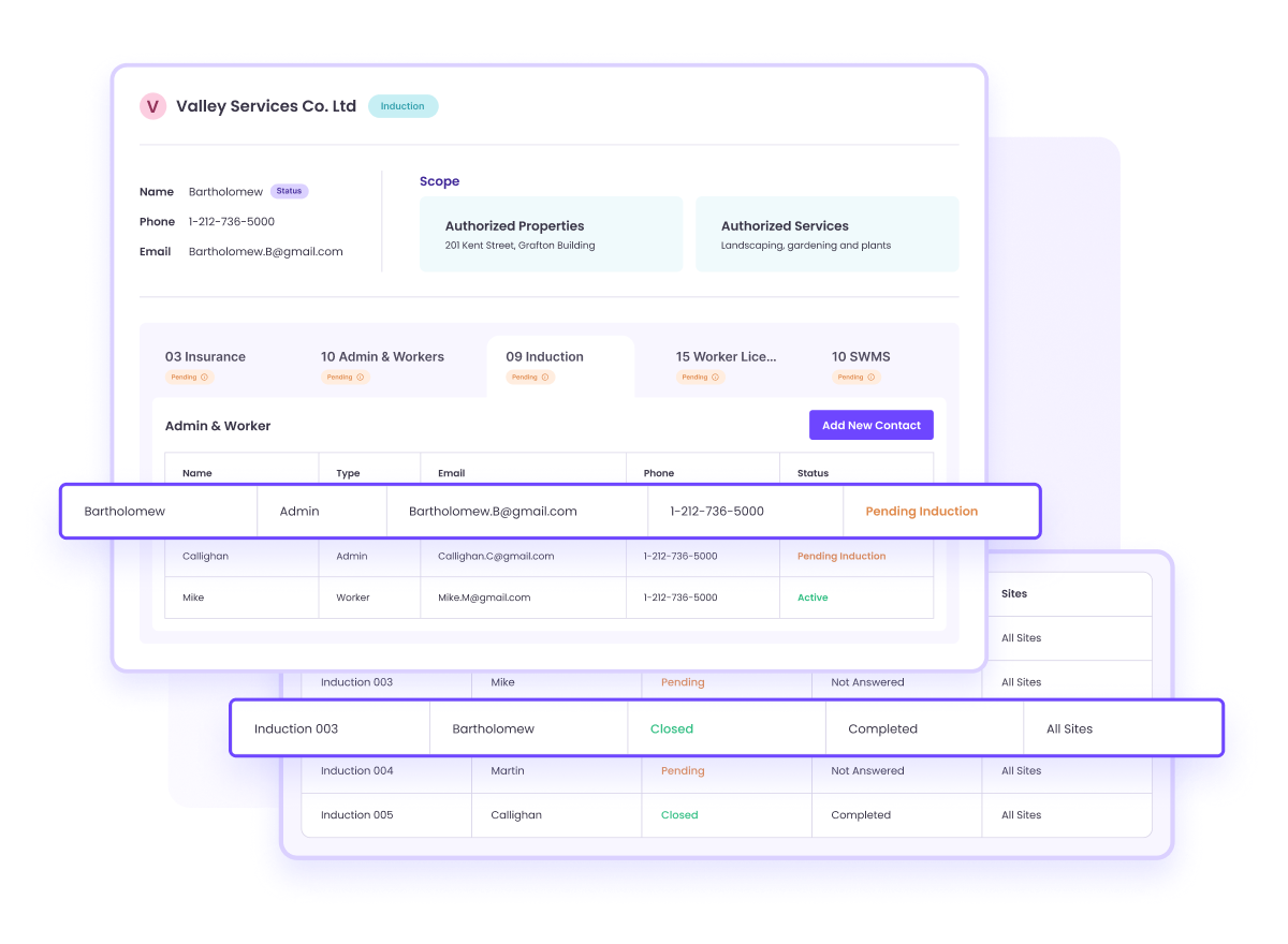 CMMS interface displaying vendor management details, including vendor contact information, authorized properties and services, status of administrative and worker documents such as insurance, inductions, and licenses, with highlights on pending and completed tasks.