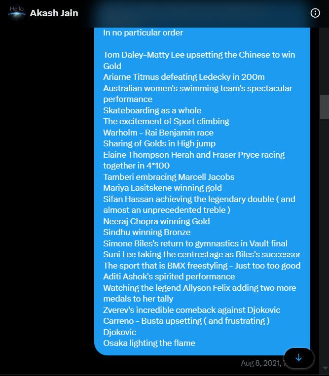 My favourite moments from Tokyo 2020, as summarized in a Twitter message sent to a friend on 8th August 2021