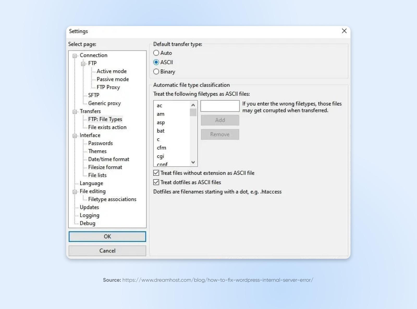 Ventana de configuración para transferencia FTP. Bajo "Tipo de transferencia predeterminado", se ha marcado ASCII.