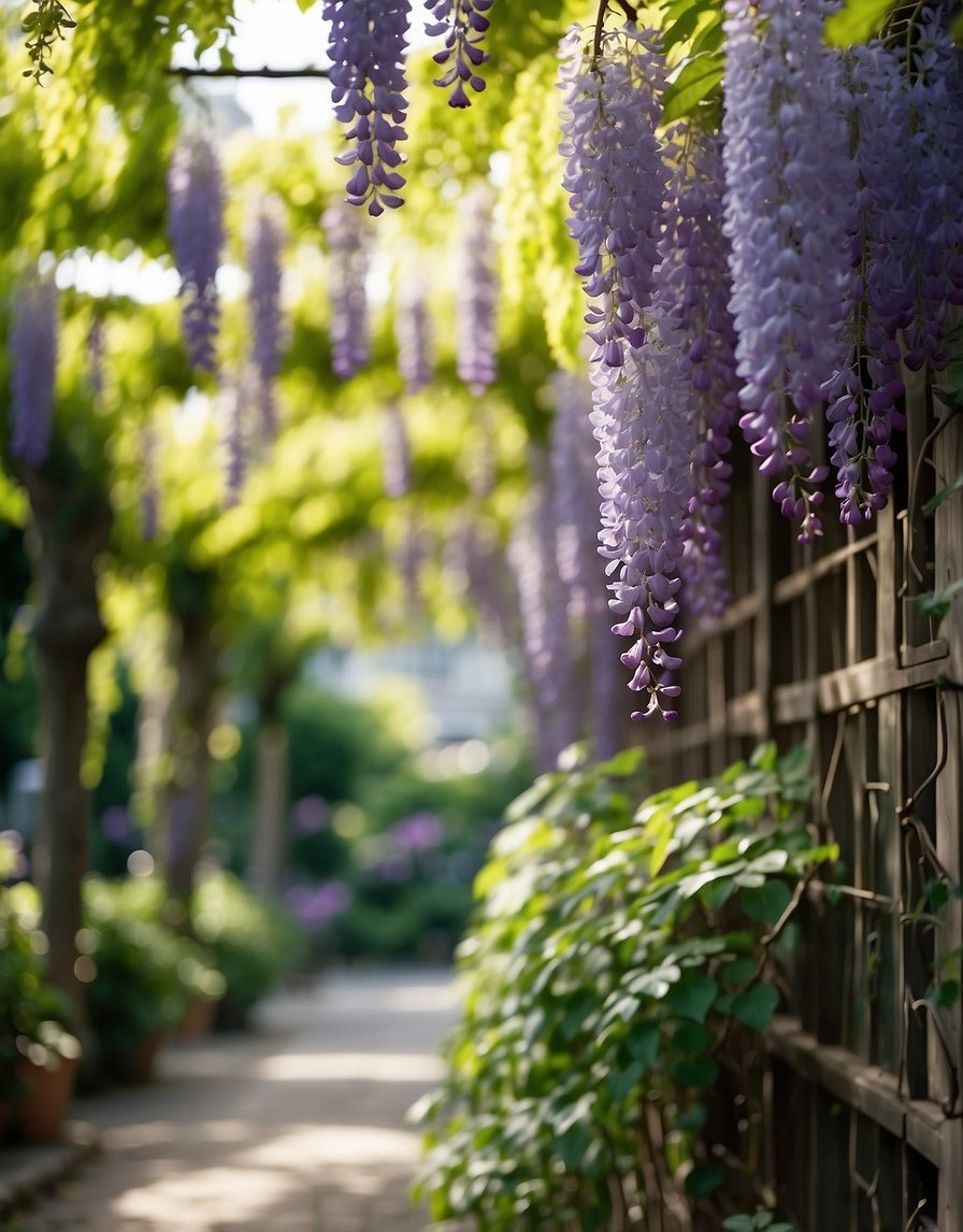 A garden filled with vibrant wisteria vines cascading down trellises, emitting a sweet, intoxicating fragrance. Surrounding plants add to the sensory experience