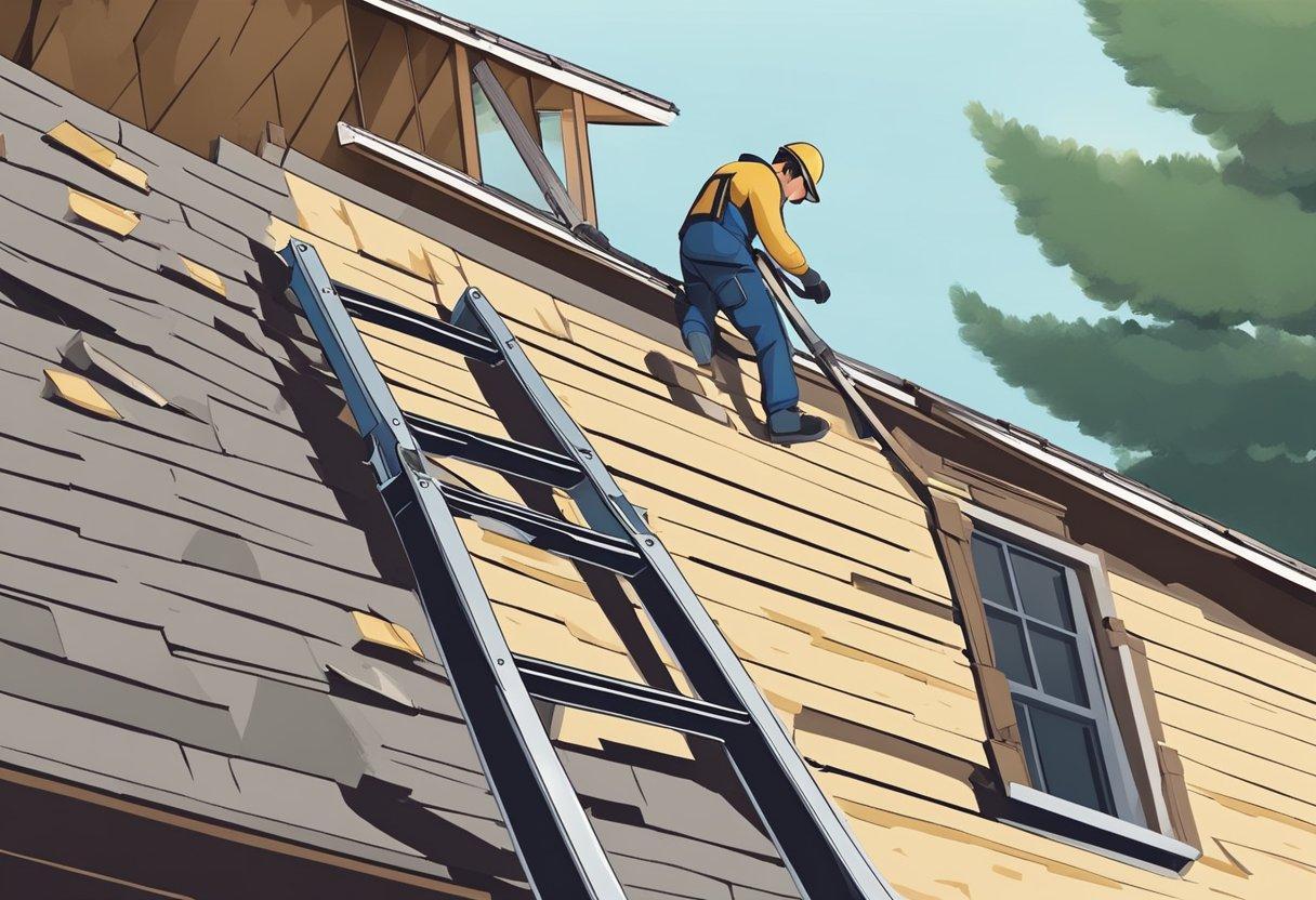 A ladder leans against a damaged roof with missing shingles. A person repairs the shingles, using tools and materials