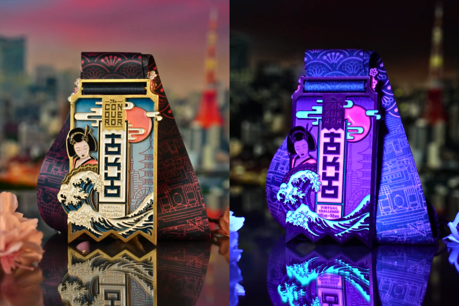 A side by side comparison of two Tokyo Virtual Challenge Conqueror medals. One is glow-in-the-dark.