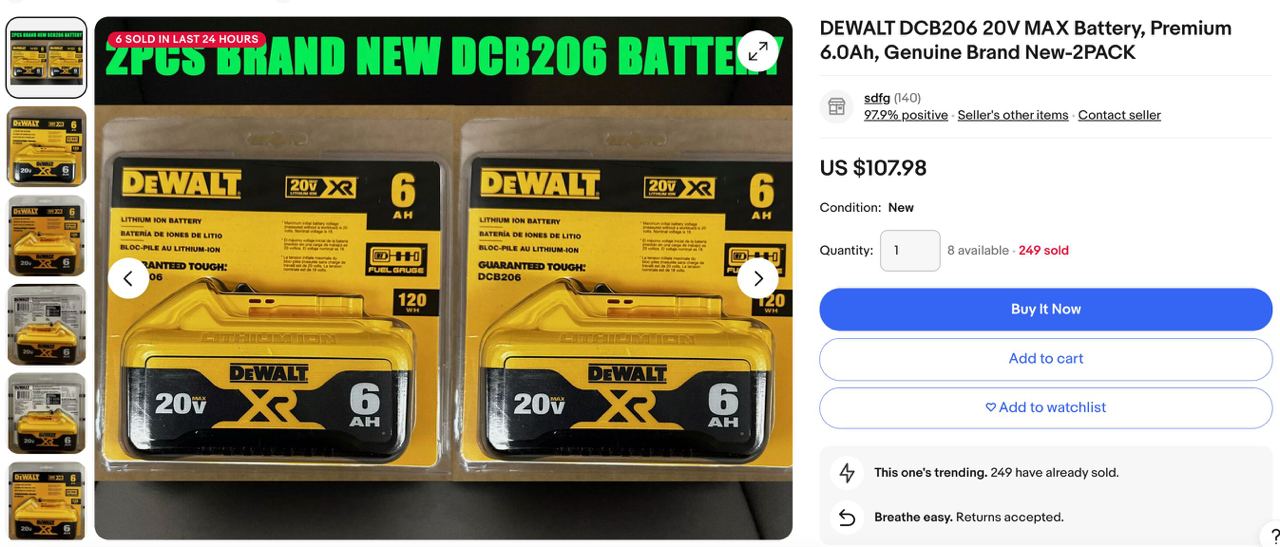 Sejak 30 hari lalu, seorang selller dari China berjaya menjual 144 unit bateri DeWalt pada harga USD 107.98 @ RM507.21 sen per set