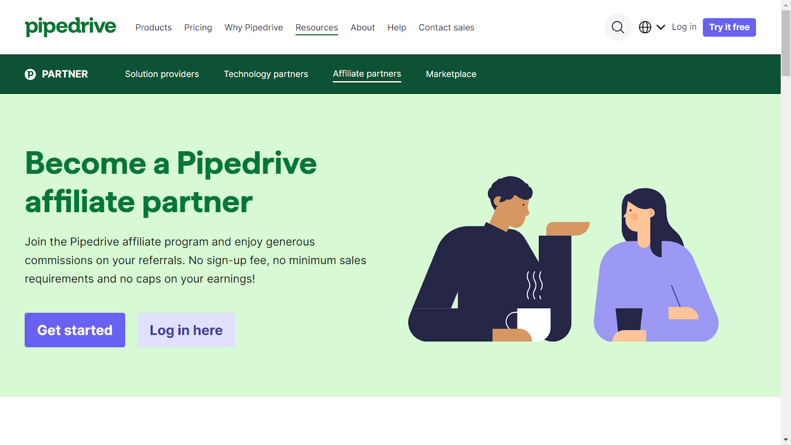 Screenshot from Pipedrive affiliate program landing page.