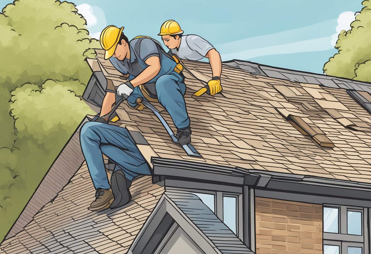 A professional roofer inspects and maintains a roof in Sugar Land, TX. The inspector carefully examines the shingles and gutters for any signs of damage or wear, ensuring the roof is in top condition