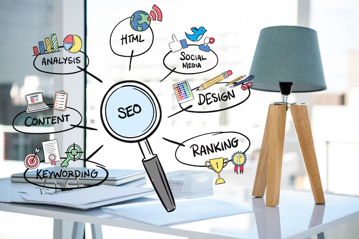 Magnifying glass with SEO concepts