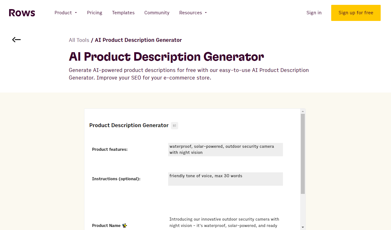 Rows Product Description Generator