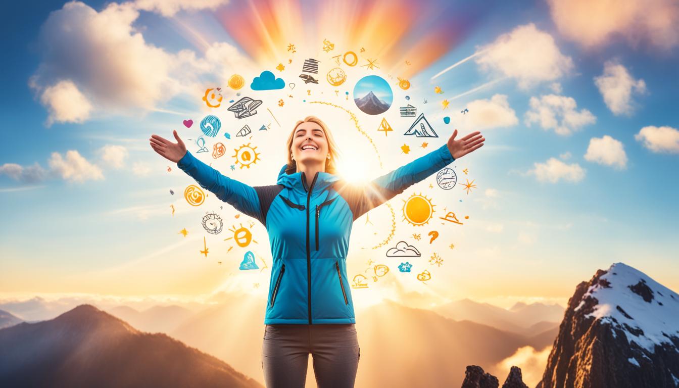 A person stands on top of a mountain, facing a beautiful sunrise. Their eyes are closed, and their arms are outstretched towards the sky. The person is surrounded by different symbols and images that represent their goals and dreams for the new year. In the background, there are clouds and rays of sunshine spreading across the sky.