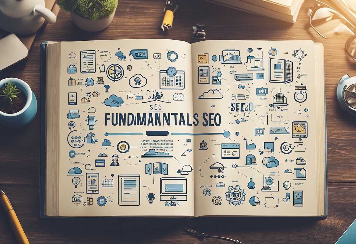 An open book with the title "Understanding SEO Fundamentals" surrounded by various digital marketing icons and keywords