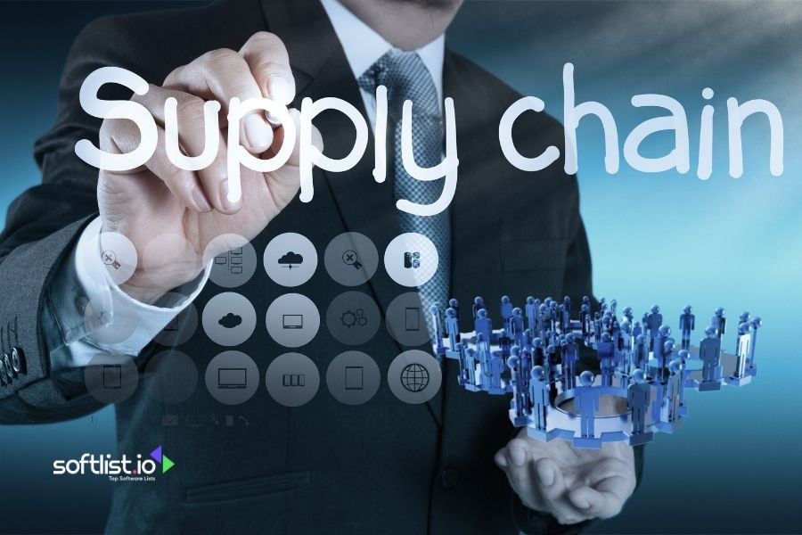 Businessman writing "Supply chain" with various icons displayed