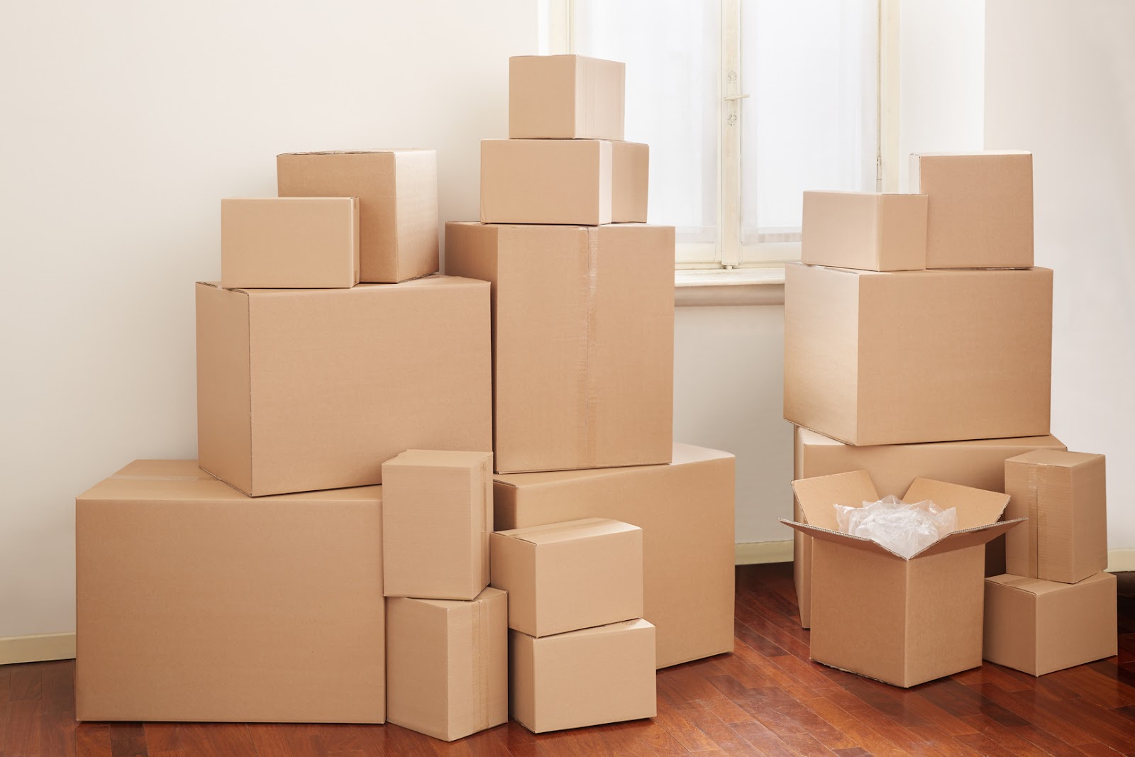 stack of boxes inside a room