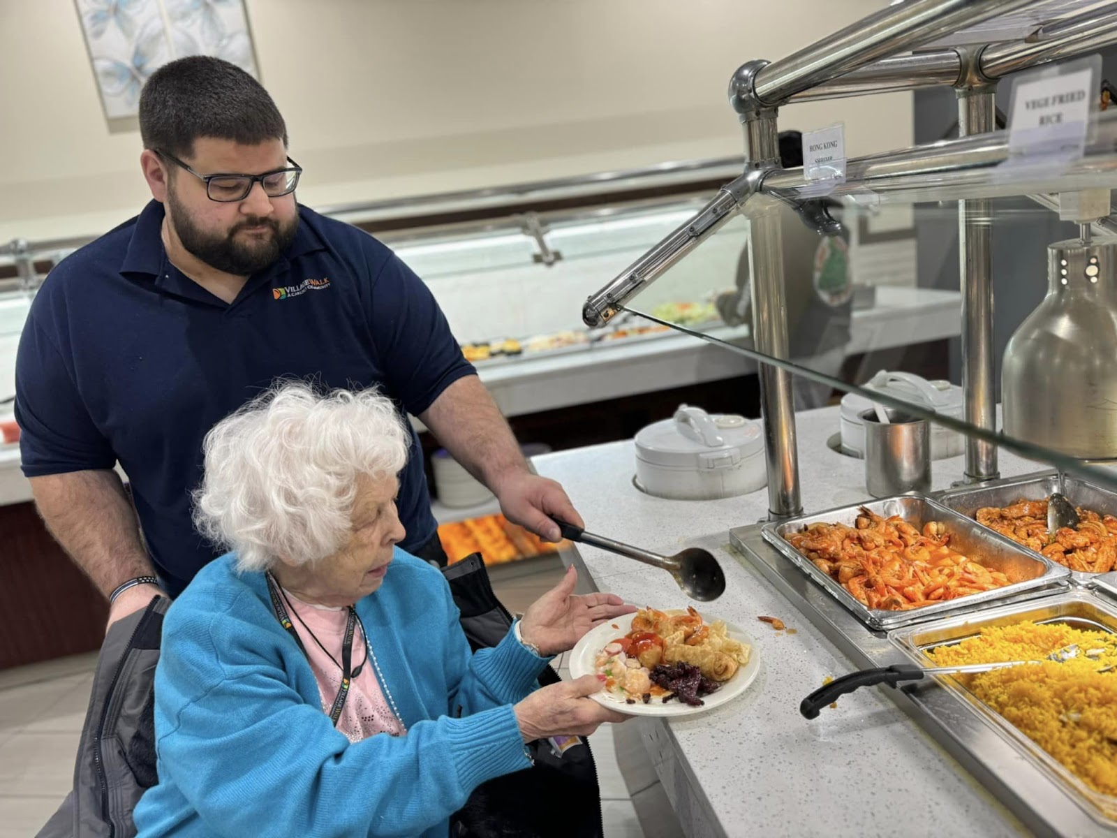 A dining hall in a memory care and assisted living facility