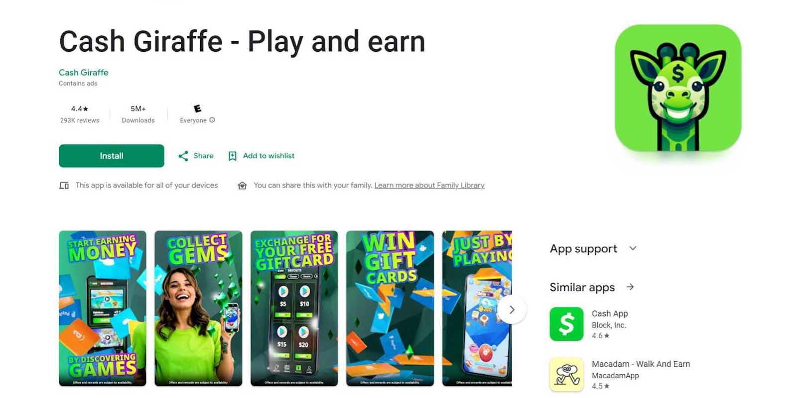 Cash Giraffe on the Google Play store featuring screenshots of the app offering the opportunity to make money and win gift cards playing games. 