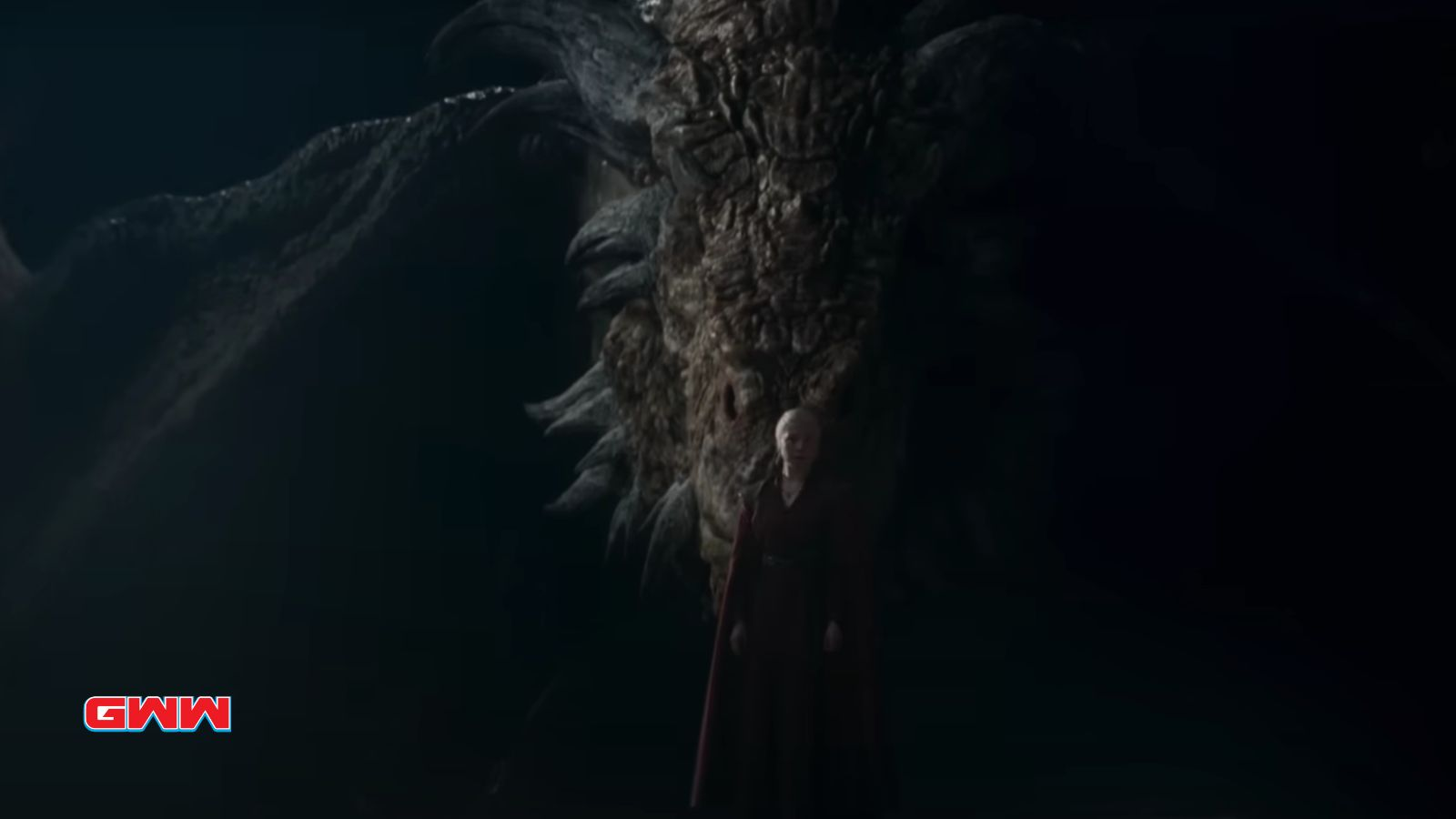 Rhaenyra Targaryen with a dragon behind her, House of the Dragon Season 2 Cast