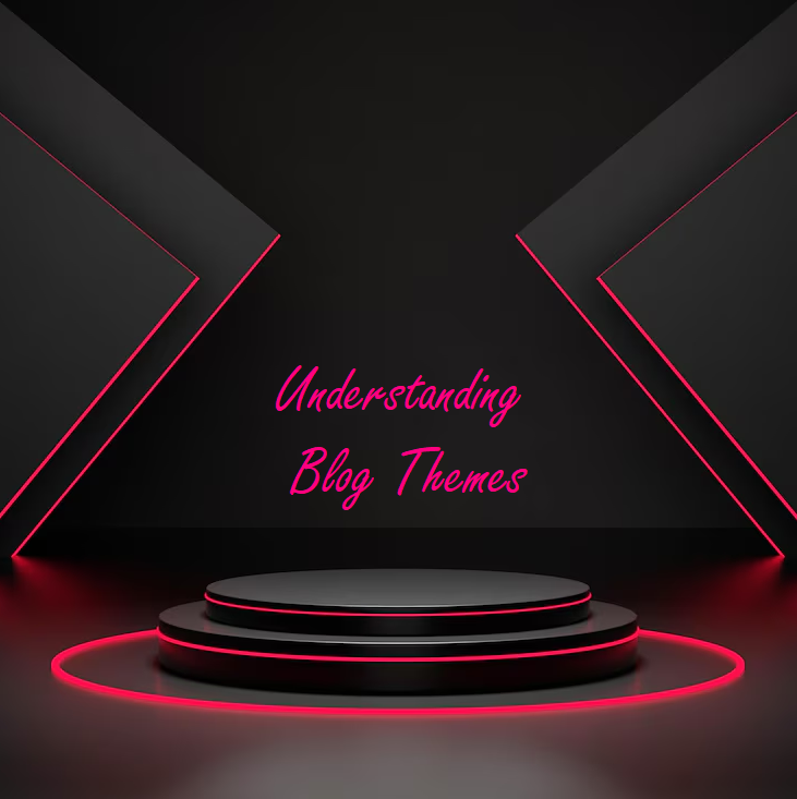 Red light round podium and black background with tagline "Understanding blog themes"