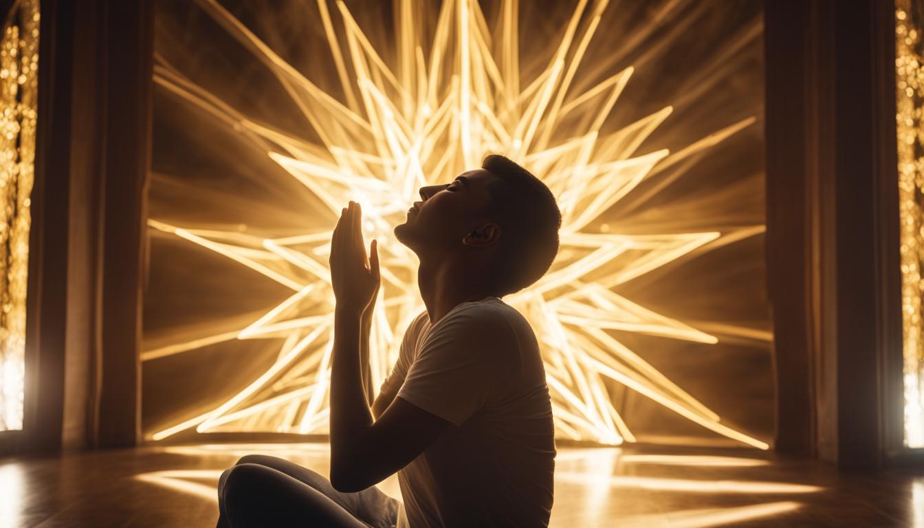 A person sitting in a quiet room with their eyes closed, hands placed on their heart and visualizing their ideal soulmate standing in front of them. Golden beams of light radiating from the person's heart towards the manifestation of their soulmate. A serene and peaceful atmosphere that signifies the ease of the manifestation process.