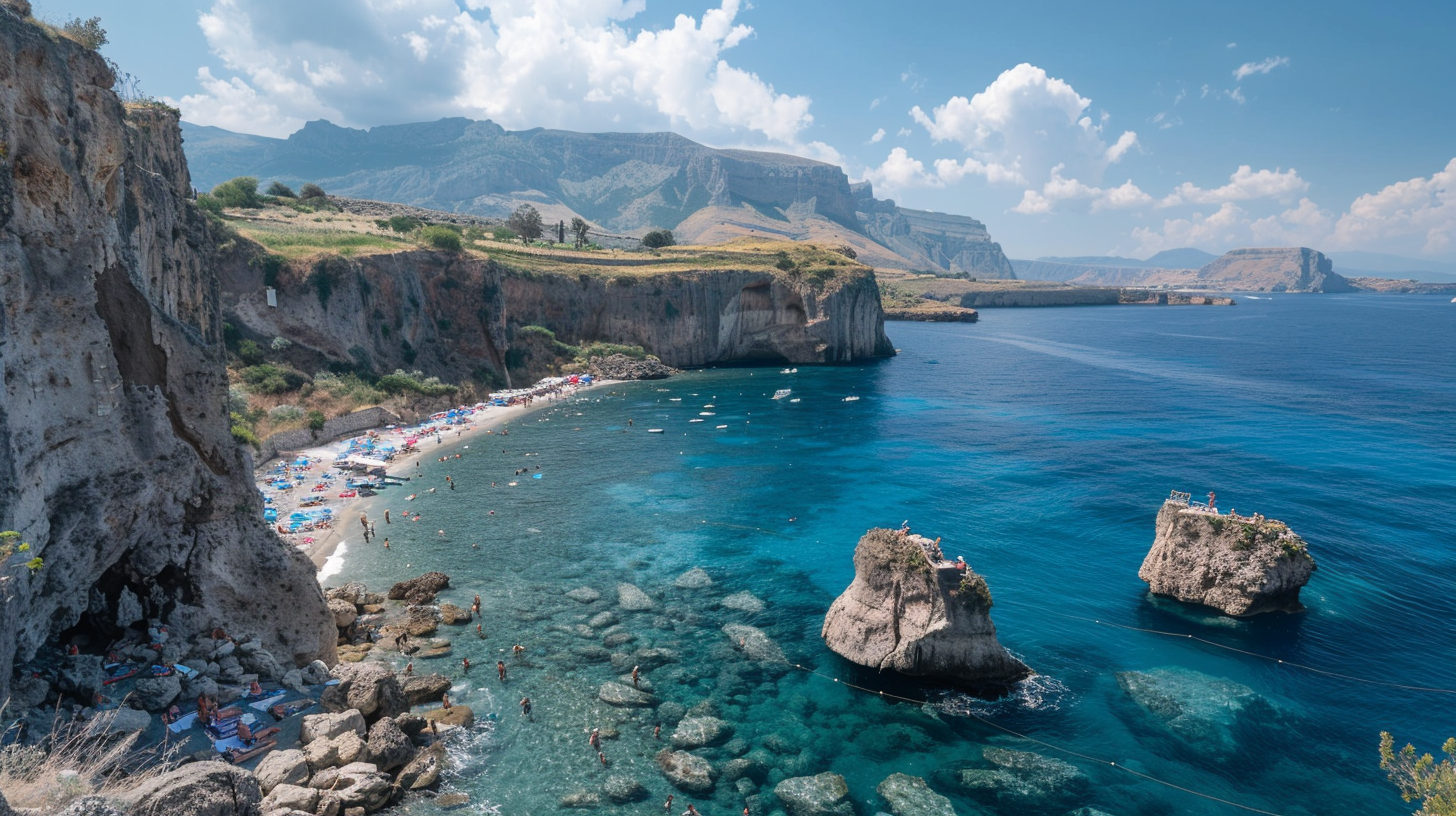 A panoramic view of Spiaggia dei Conigli in Italy, with its dramatic cliffs and deep blue waters.